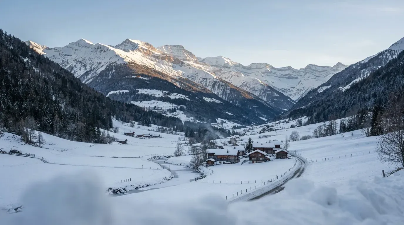 Eine verschneite Bergkette erhebt sich über einem stillen Tal, der Himmel darüber ist klar und von blassem Blau.