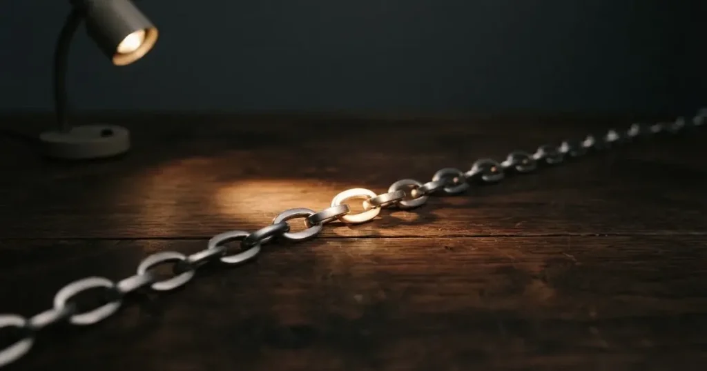 Eine Kette aus silbernen Gliedern liegt ausgebreitet auf dunklem Holz, ein einzelnes Glied ist von einer Lampe hell beleuchtet.