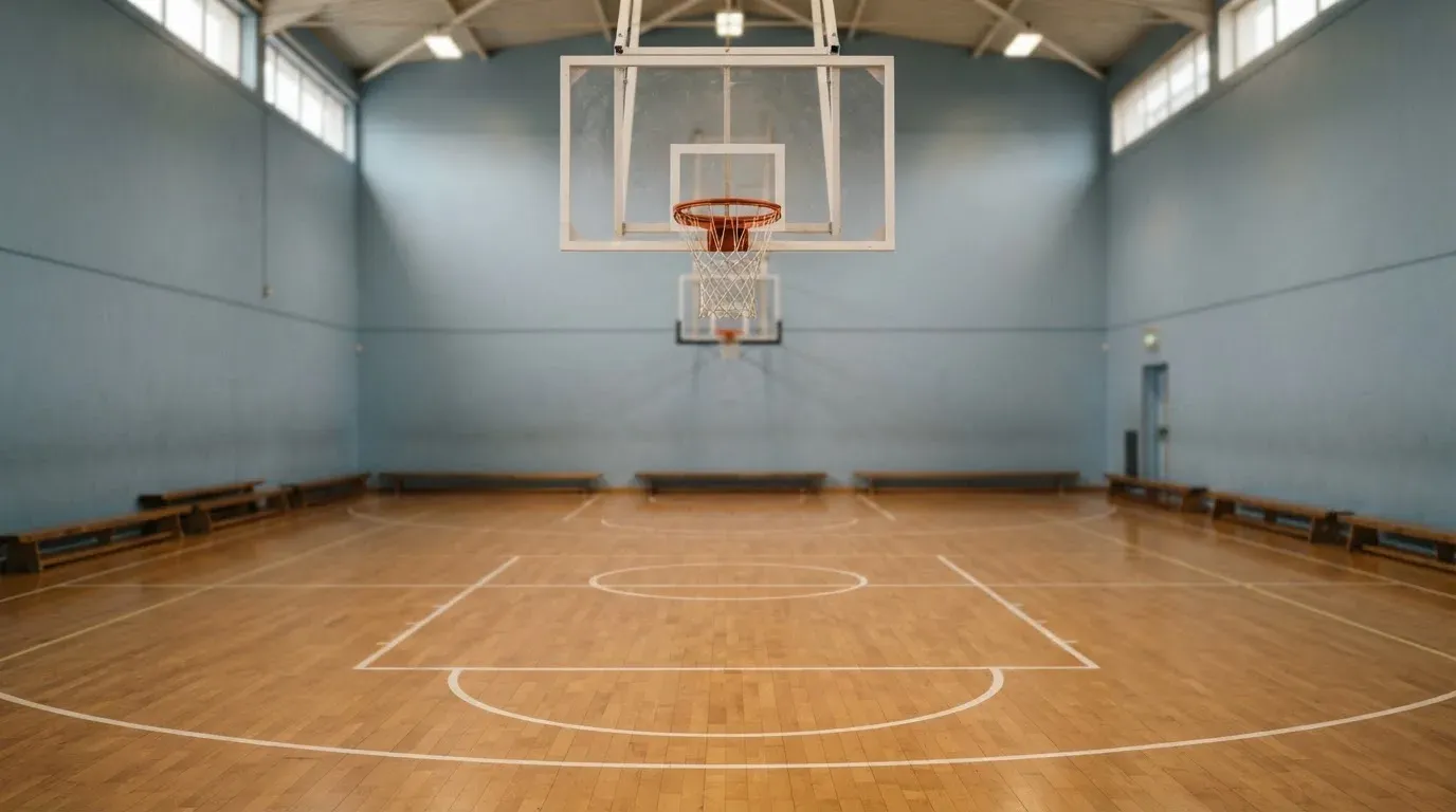 Ein Basketballkorb hängt in einer leeren Halle über einem Holzparkett, von der Decke fällt gleichmässiges Licht auf den Boden.