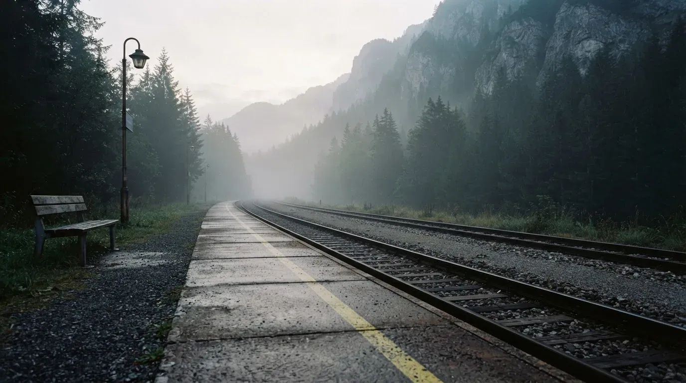 Ein leerer Bahnsteig in den Bergen mit zwei Gleisen, über den Schienen hängt Morgennebel und dahinter ragen dunkle Tannen auf.