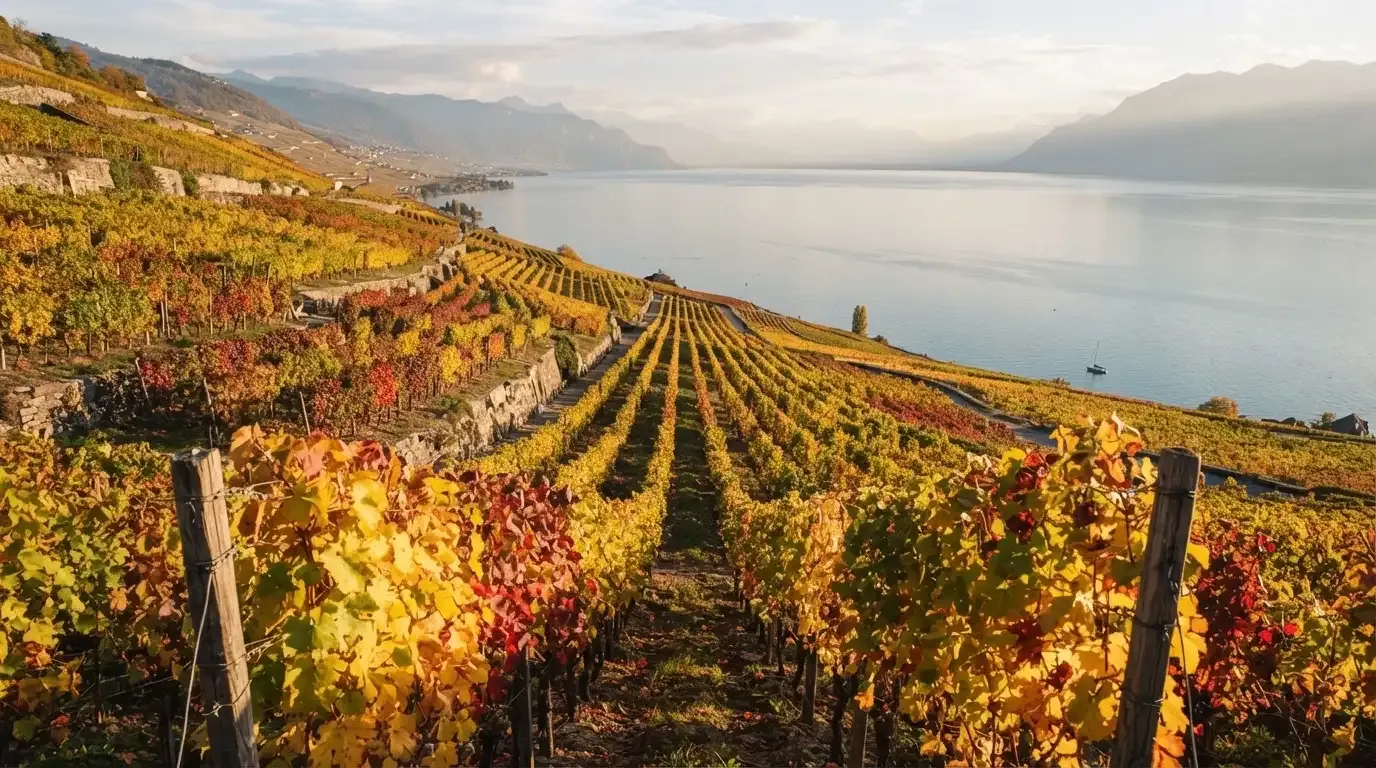 Rebzeilen ziehen sich im Herbstlicht einen Hang über einem See hinunter, die Blätter leuchten gelb und rot.