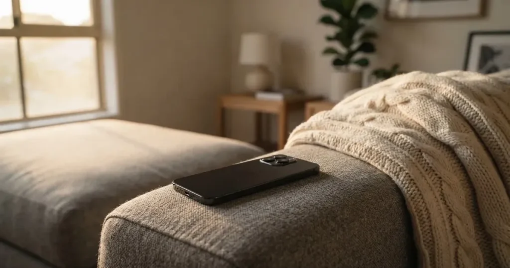 Ein Smartphone mit dunklem Display liegt auf der Lehne eines Sofas neben einer Wolldecke, warmes Abendlicht fällt ins Zimmer.