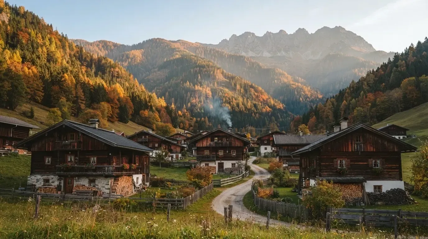 Ein kleines Dorf mit Holzhäusern liegt im Herbst in einem Tal, darüber ragen bewaldete Hänge und ein Bergkamm auf.