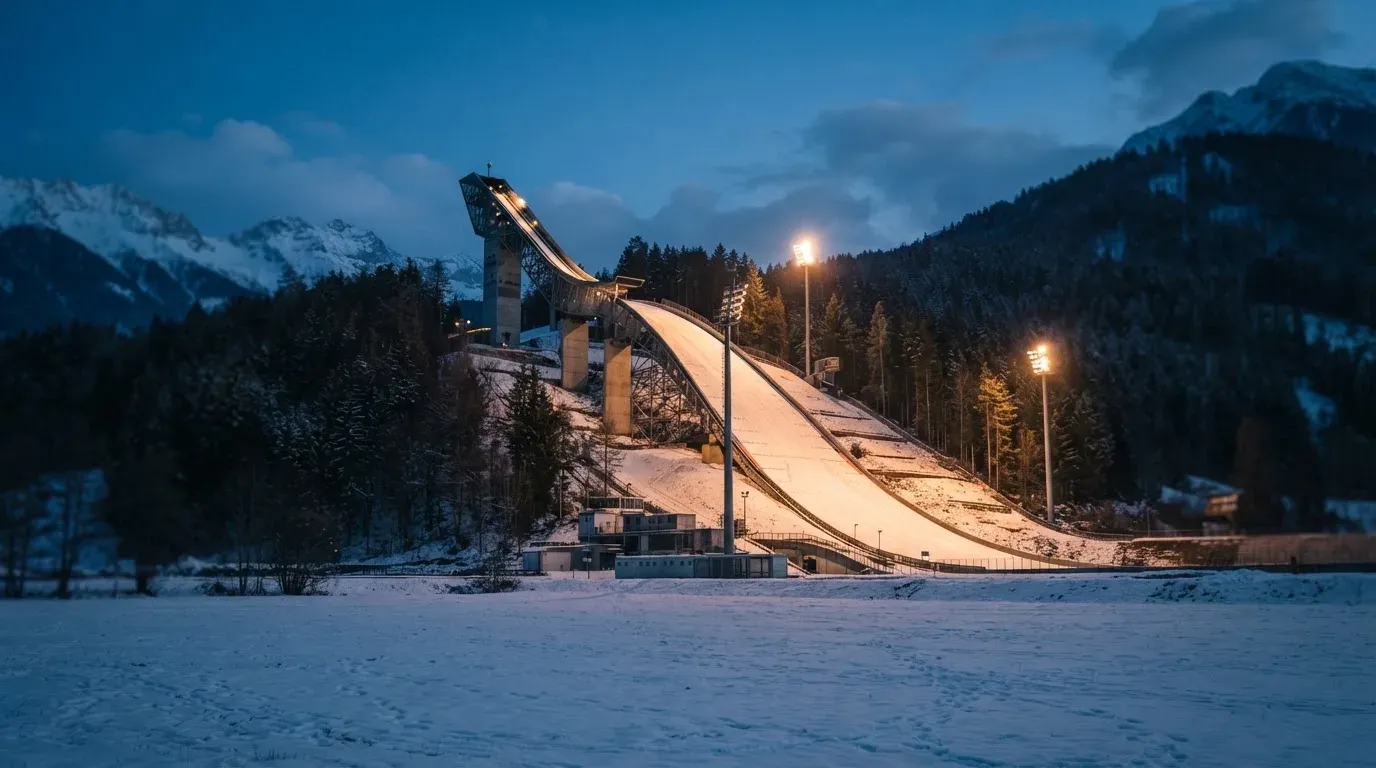 Eine Skisprungschanze steht am Abend im Flutlicht, aus der Ferne betrachtet, umgeben von dunklem Tannenwald und leichtem Schnee.