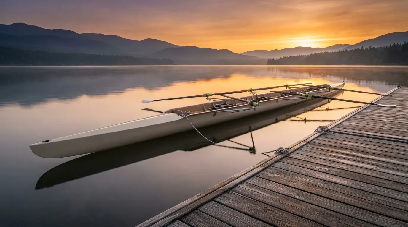 Ein leerer Ruder-Achter liegt bei Sonnenaufgang am Steg eines Sees, das Wasser ist spiegelglatt und der Himmel orange.