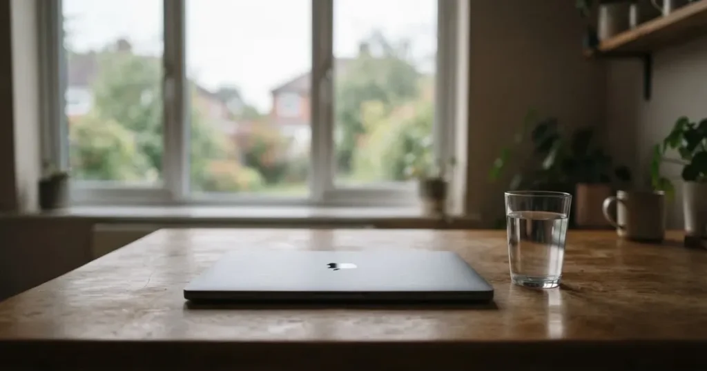 Ein geschlossener Laptop steht auf einem Küchentisch neben einem Wasserglas, durch das Fenster dahinter fällt weiches Tageslicht.