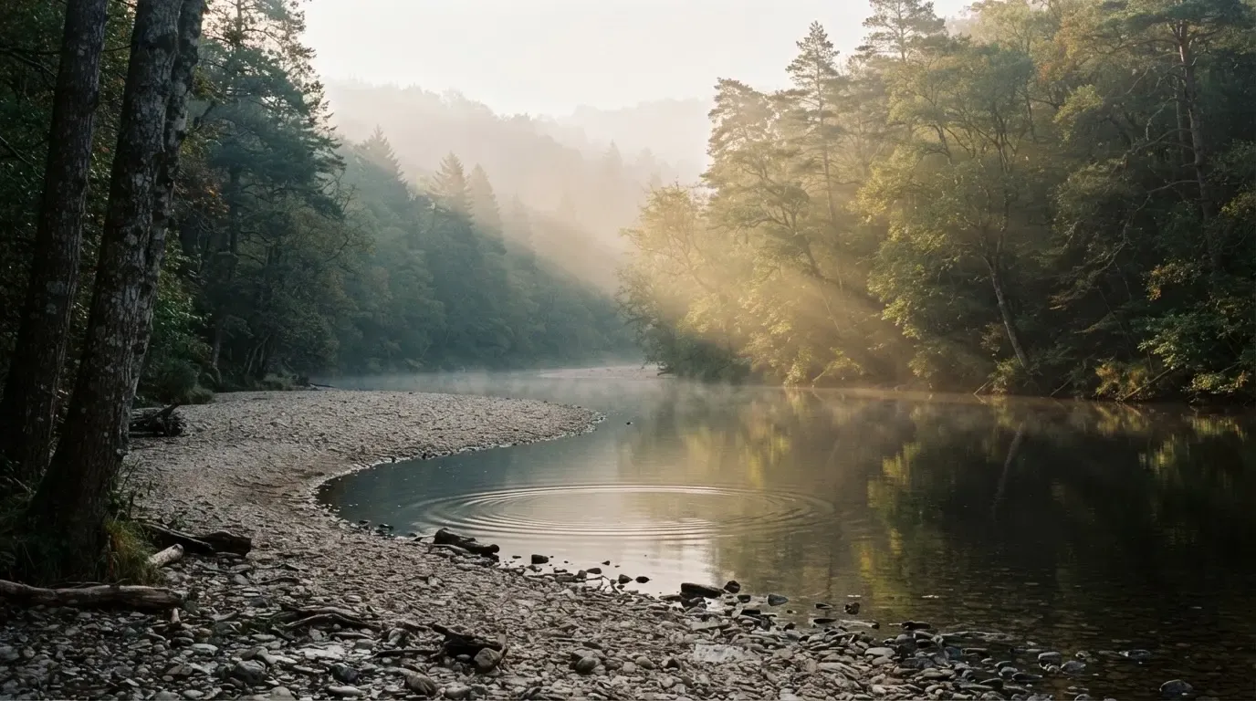 Ein Fluss mit breiter Kiesbank fliesst durch einen Wald, über dem Wasser hängt früher Nebel und Sonnenstrahlen brechen durch.
