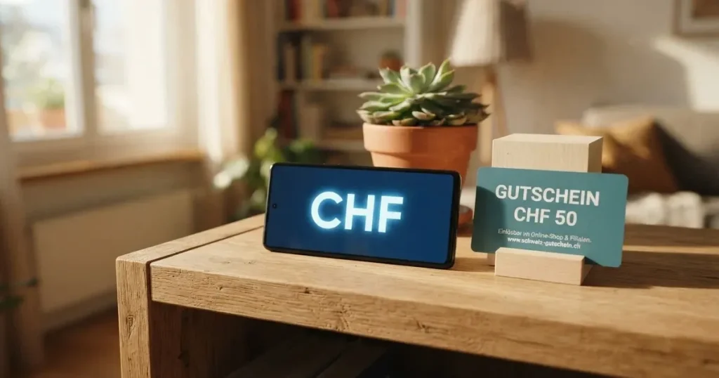 Ein Glas voller Münzen steht auf einem Regal in einem hellen Zimmer, daneben eine kleine Topfpflanze und ein Stück Holz.