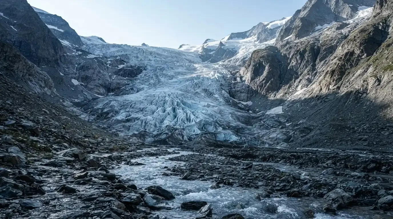 Ein Gletscher schiebt sich zwischen steile Felswände, im Vordergrund liegen Geröll und ein schmaler Bach in kaltem Licht.
