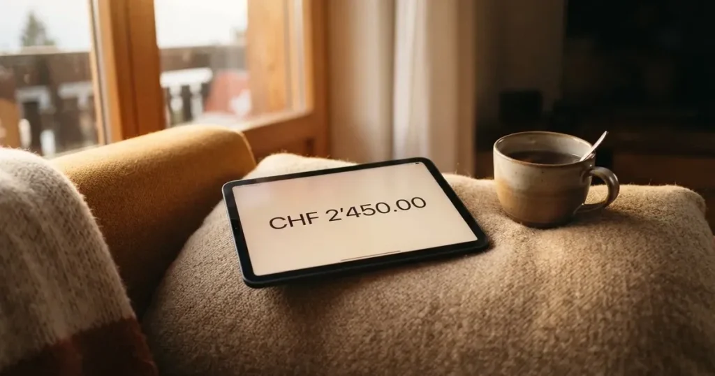 Ein Tablet mit schwarzem Display liegt auf einem Sofakissen, daneben ein Becher mit Tee, vom Fenster her fällt Abendlicht.