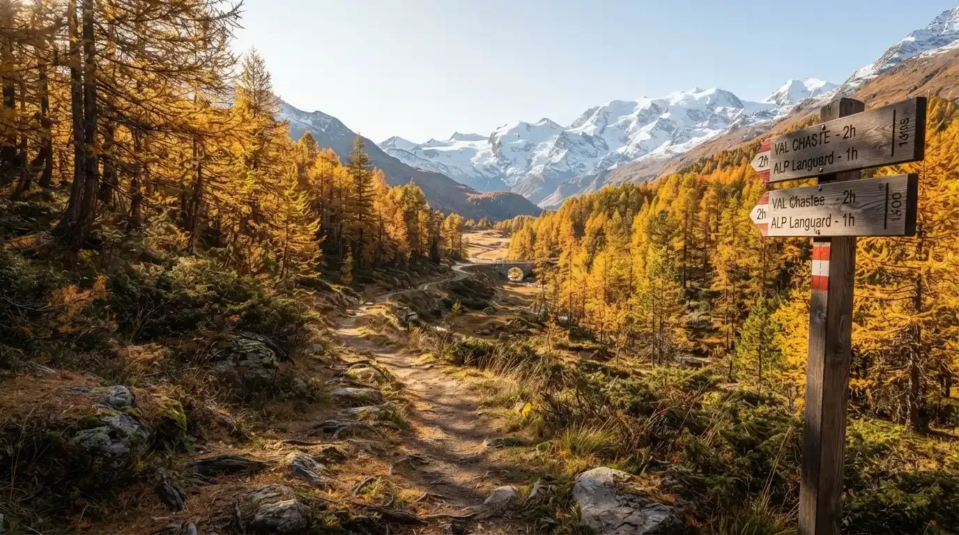Ein Wanderweg schlängelt sich durch einen goldgelben Lärchenwald, in der Ferne sind schneebedeckte Berge zu sehen.