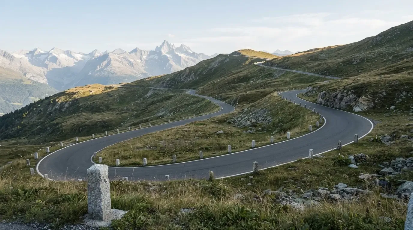 Eine leere Passstrasse mit Serpentinen windet sich im Morgenlicht einen Berg hinauf, am Rand stehen niedrige Steinpfosten.