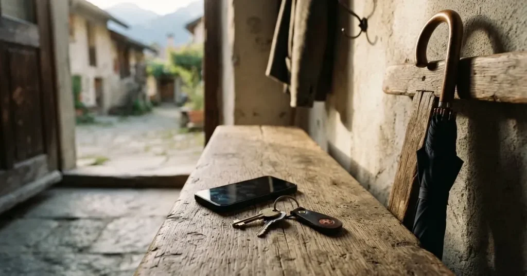 Ein Schlüsselbund und ein Smartphone mit dunklem Display liegen auf einer Holzbank in einem Hauseingang, daneben ein Regenschirm.