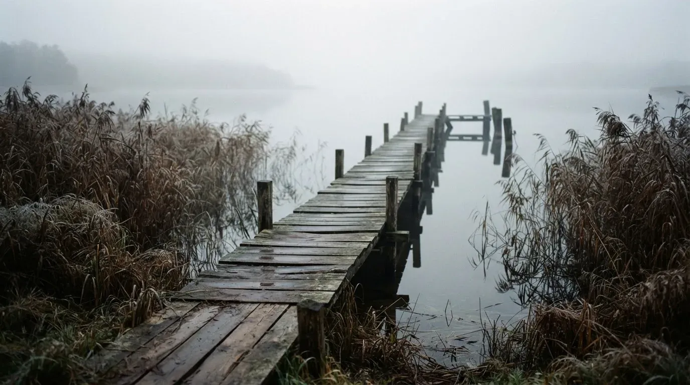 Ein Seeufer mit Schilf und einem schmalen Holzsteg liegt im Nebel, das Wasser ist ruhig und das andere Ufer kaum sichtbar.