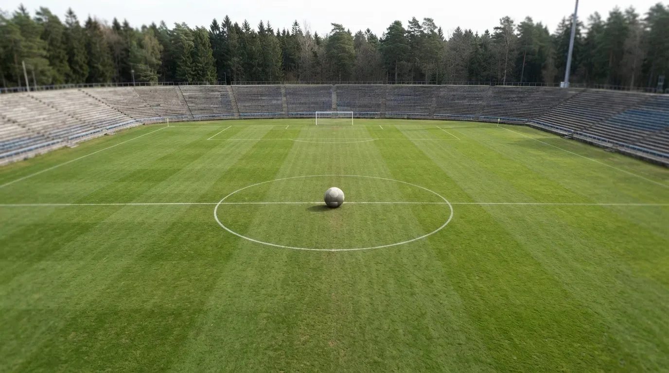 Ein Rasenplatz mit Spielfeldlinien ist von oben gesehen, ein einzelner Ball liegt in der Mitte, rundherum stehen leere Tribünen und Tannenwald.
