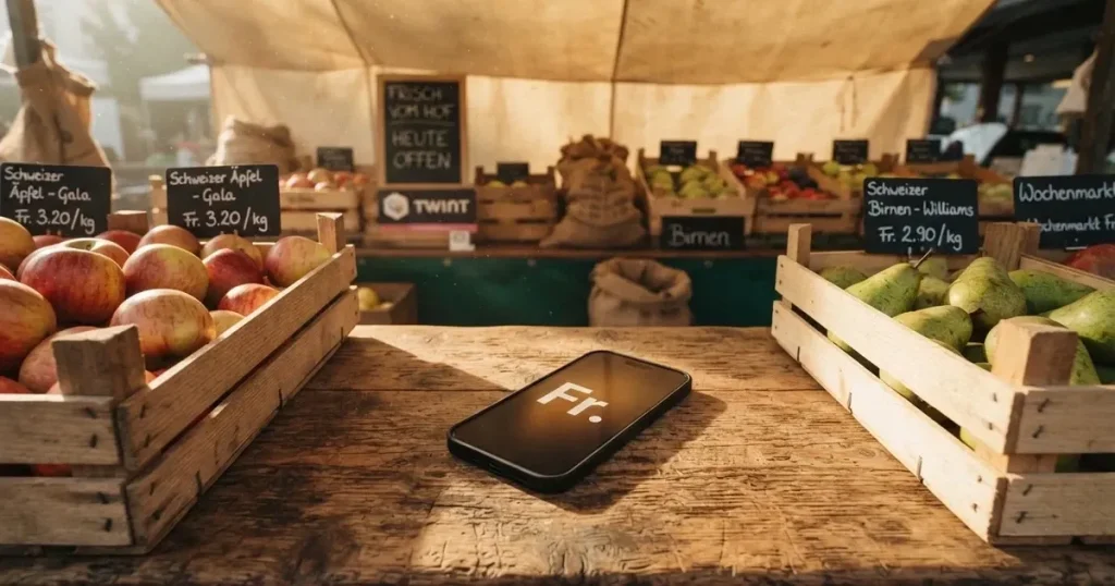 Ein Smartphone mit dunklem Display liegt auf dem Holztisch eines Marktstands zwischen Äpfeln und Birnen, morgendliches Licht fällt durch eine Plane.