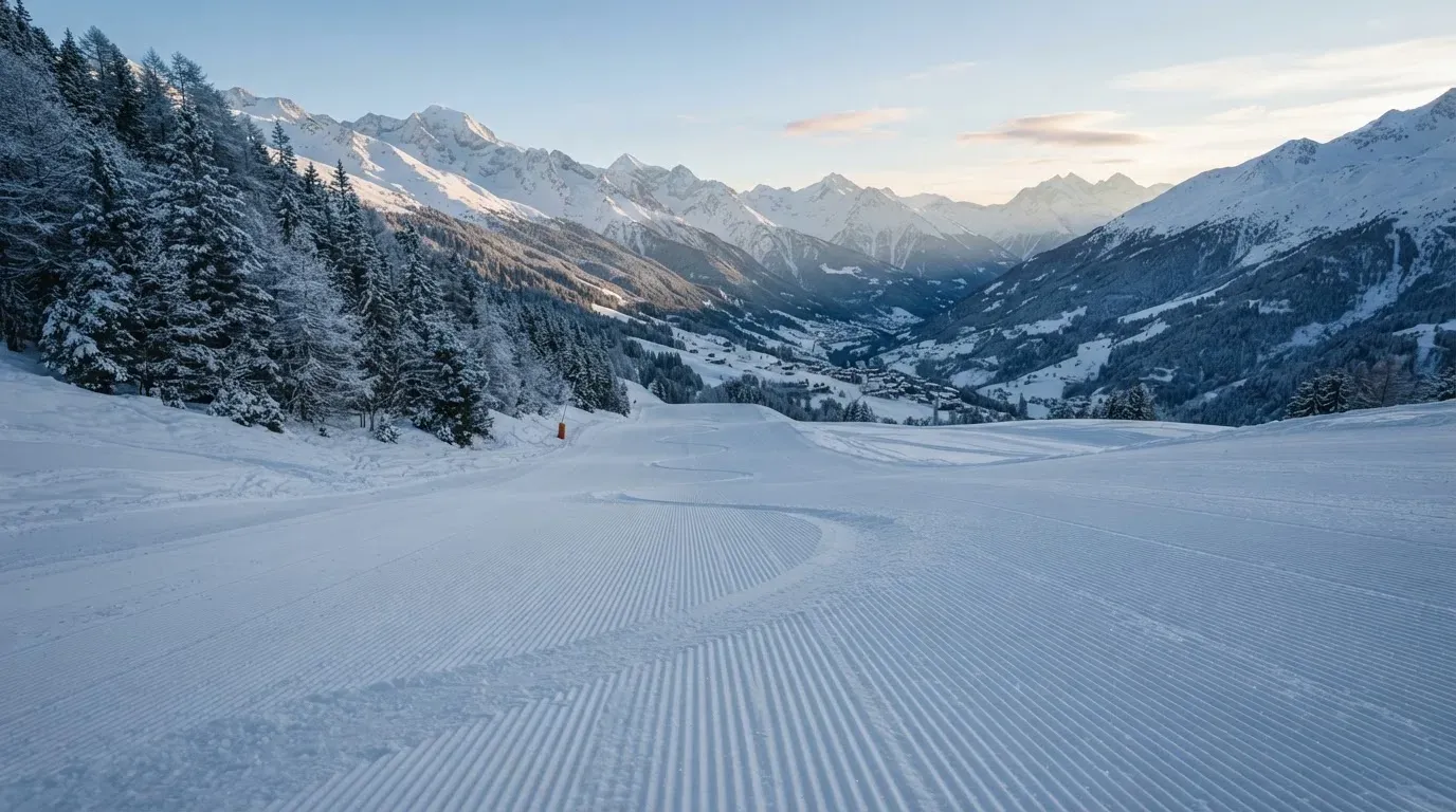Eine frisch präparierte Skipiste liegt im Morgenlicht leer da, am Rand stehen verschneite Tannen und im Hintergrund Gipfel.