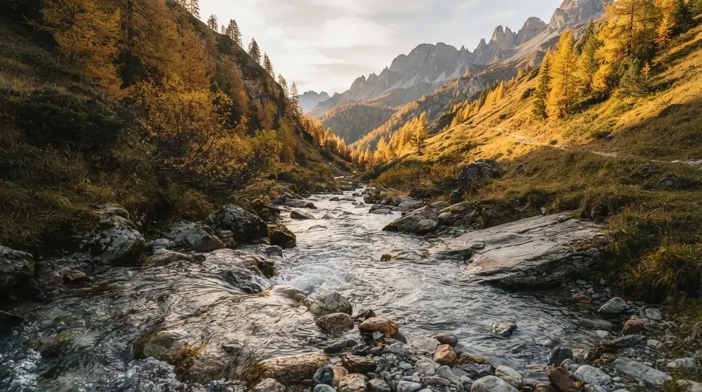 Ein Bergbach fliesst über glatte Steine durch ein enges Tal, an den Hängen leuchten Lärchen in gelbem Herbstlicht.