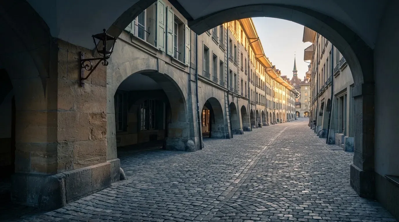 Eine kopfsteingepflasterte Gasse mit Arkaden in einer Schweizer Altstadt im frühen Morgenlicht, niemand ist unterwegs.