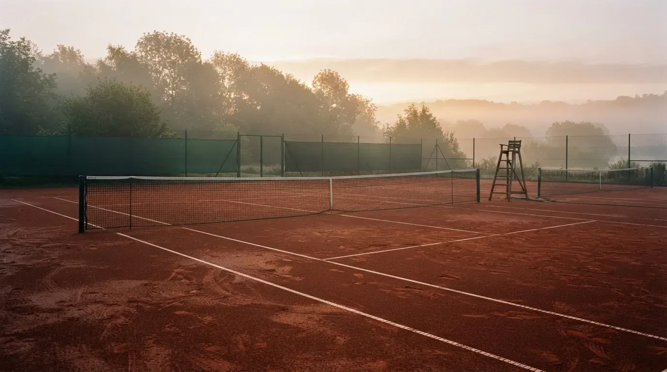 Ein Tennisplatz im Morgengrauen mit gespanntem Netz und feinem Dunst über der roten Asche.