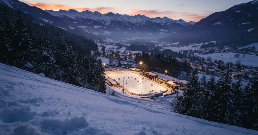 Eine Eisfläche unter Flutlicht in der Winterdämmerung, aus grosser Distanz von einem verschneiten Hang aus gesehen.