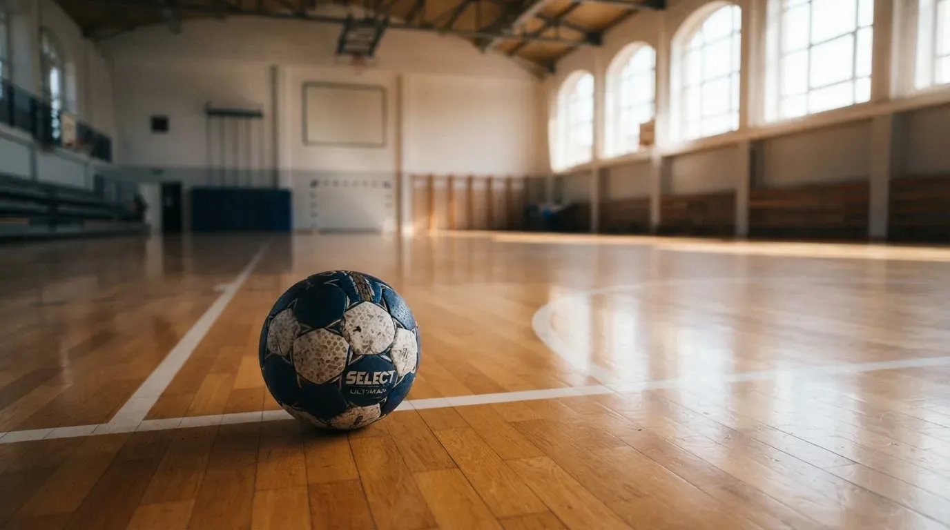 Der Boden einer Sporthalle aus poliertem Parkett mit einem einzelnen Handball in der Mitte, Licht fällt durch hohe Fenster.