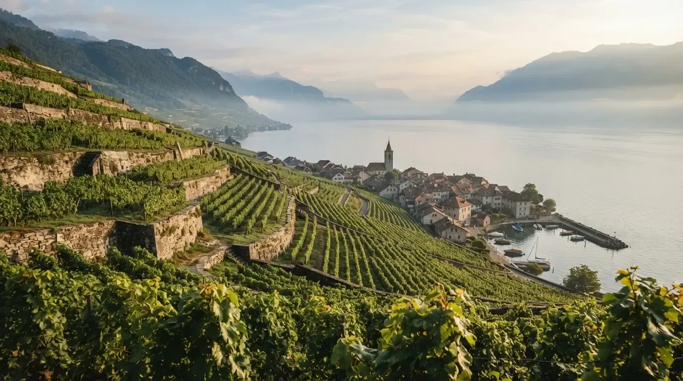 Terrassierte Weinberge über einem See im Morgendunst, am Ufer liegt ein kleines Dorf.