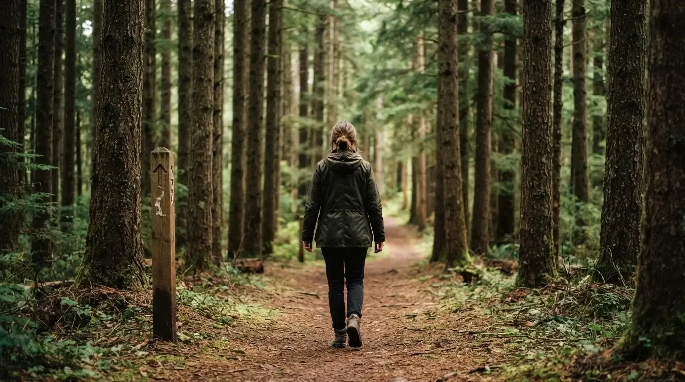 Eine Person von hinten auf einem Waldweg, die langsam zwischen hohen Tannen geht.
