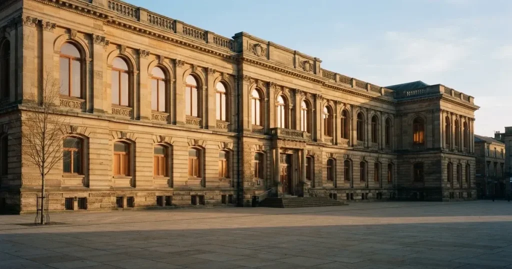 Die Fassade eines Sandsteingebäudes mit hohen Fenstern im weichen Licht des Vormittags, davor ein leerer Platz.