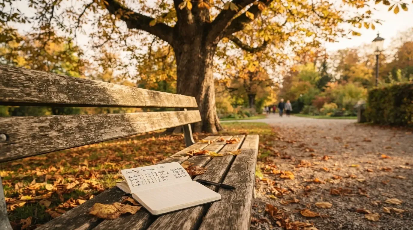 Eine Parkbank unter einer Kastanie im Herbst, auf dem Kiesweg liegen gelbe Blätter.