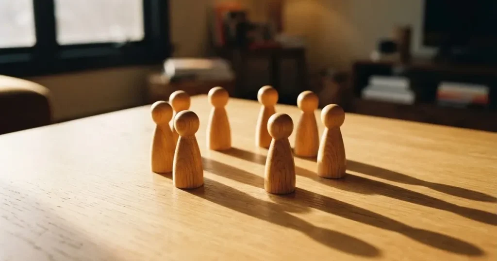 Acht gleiche Holzfiguren stehen in einem Kreis auf einem hellen Tisch im Seitenlicht.