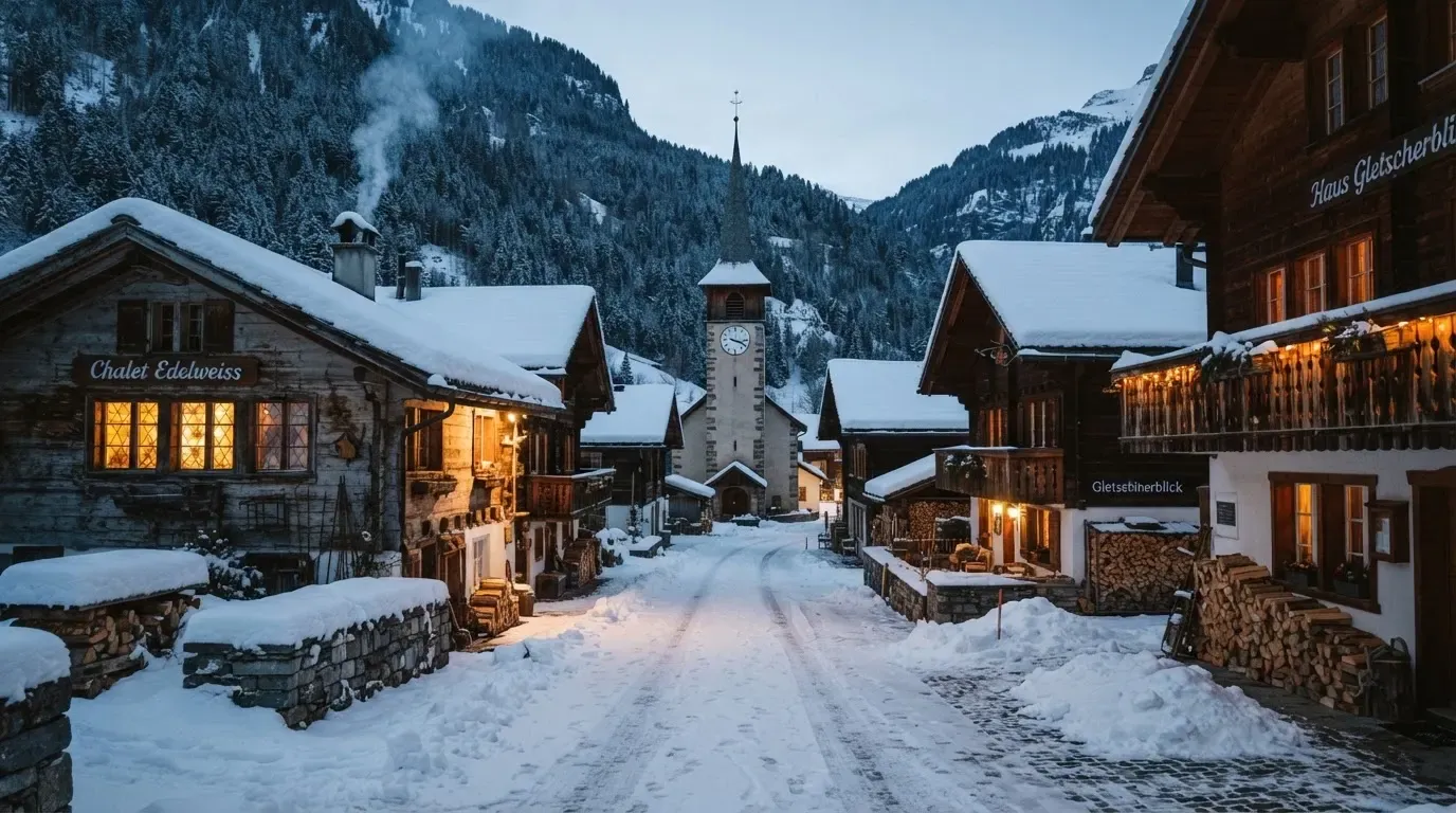 Eine verschneite Dorfstrasse mit Kirchturm im Hintergrund, Rauch steigt aus den Kaminen.