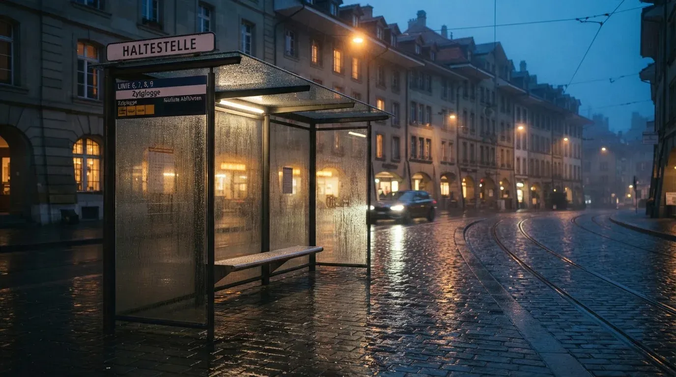 Eine Tramhaltestelle in einer Schweizer Stadt bei Regen, nasses Pflaster spiegelt das Licht.