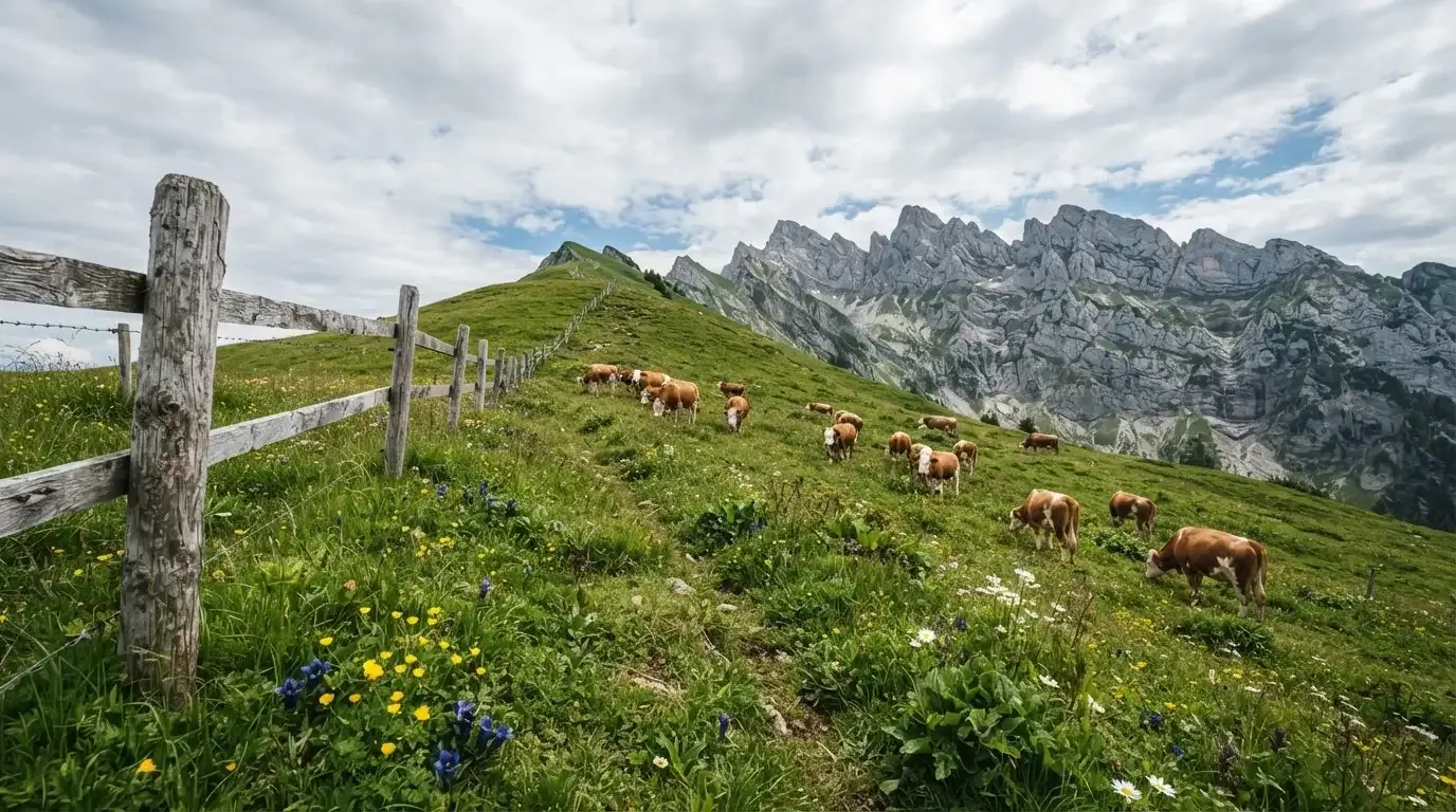 Eine Alpwiese mit weidenden Kühen und einem Holzzaun unter wolkigem Himmel.