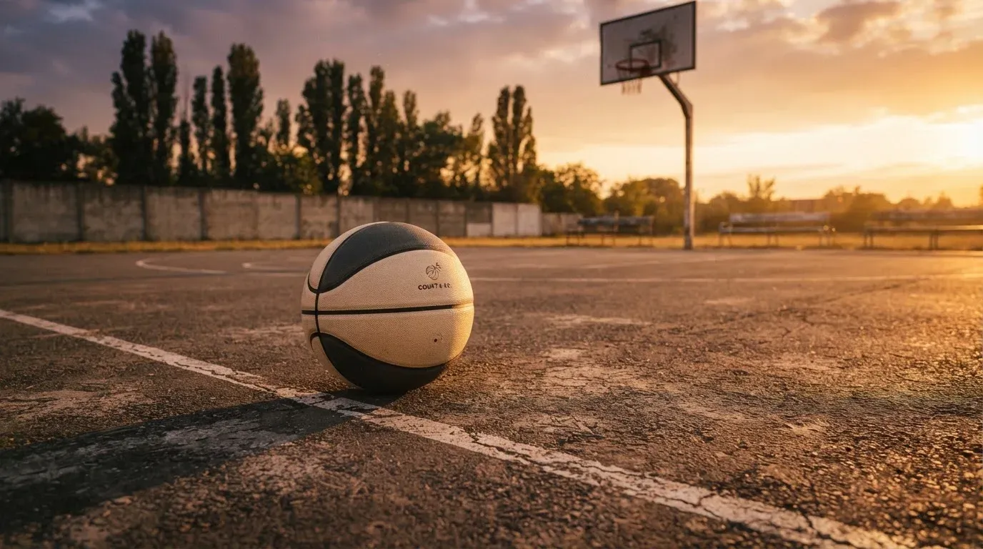 Ein Basketball liegt bei Sonnenuntergang auf einem leeren Aussenplatz, lange Schatten fallen über den Boden.