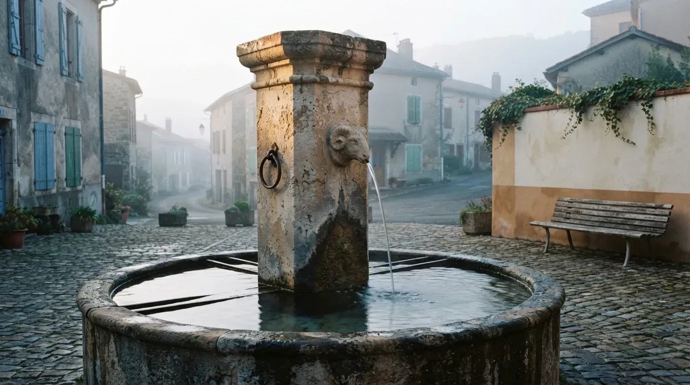 Ein Steinbrunnen auf einem stillen Dorfplatz im ersten Morgenlicht, Wasser fliesst ruhig in das Becken.