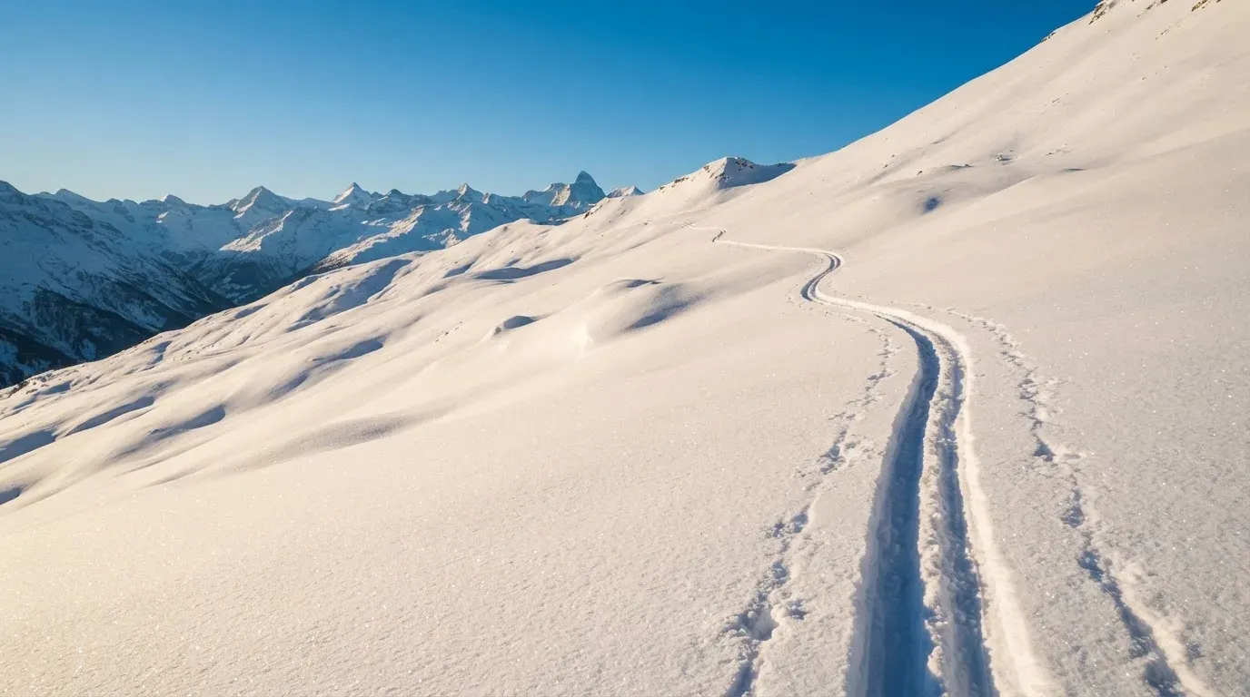 Skispuren im frischen Schnee an einem sonnigen Hang vor blauem Himmel.