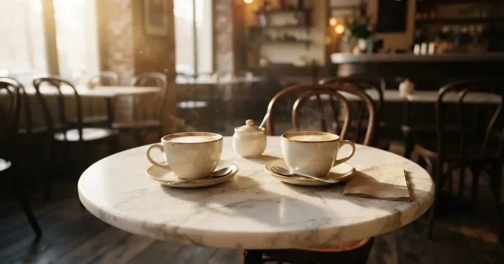 Zwei Kaffeetassen und eine Zuckerdose stehen auf einem runden Marmortisch in einem leeren Café am Morgen.
