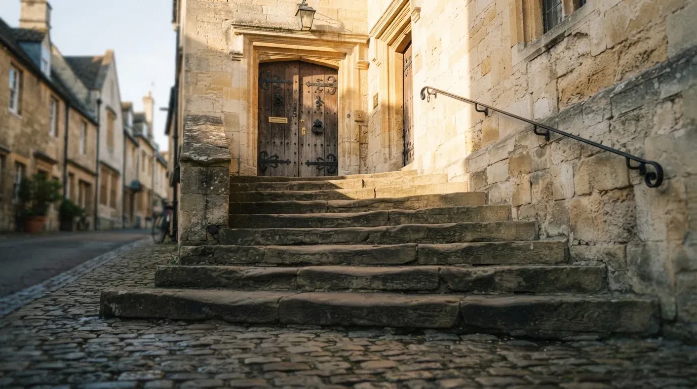 Eine Steintreppe führt zu einer schweren Eichentür in einer hellen Fassade, die Stufen liegen im Morgenschatten.