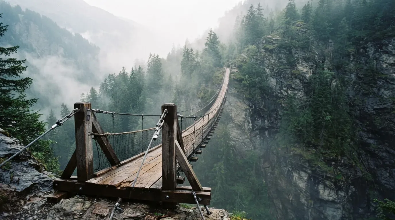 Eine Hängebrücke über eine tiefe Schlucht, aus dem Wald darunter steigt Nebel auf.