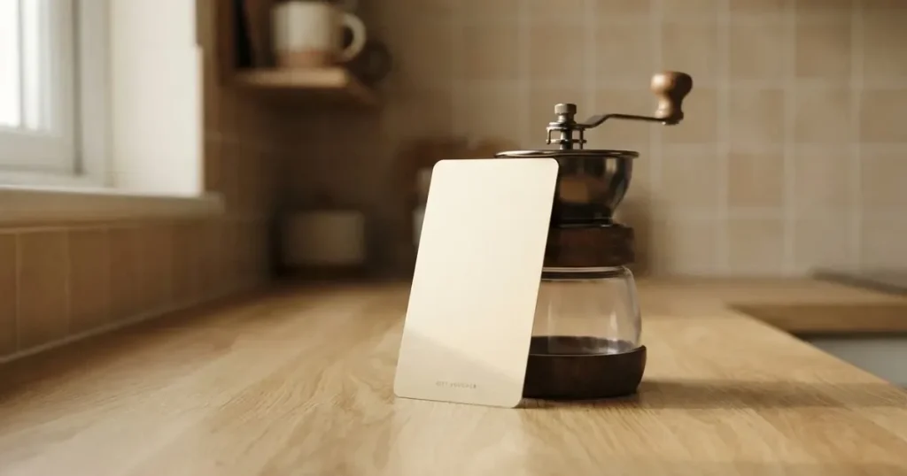 Eine leere cremefarbene Karte lehnt an einer Kaffeemühle auf einer Küchenablage.