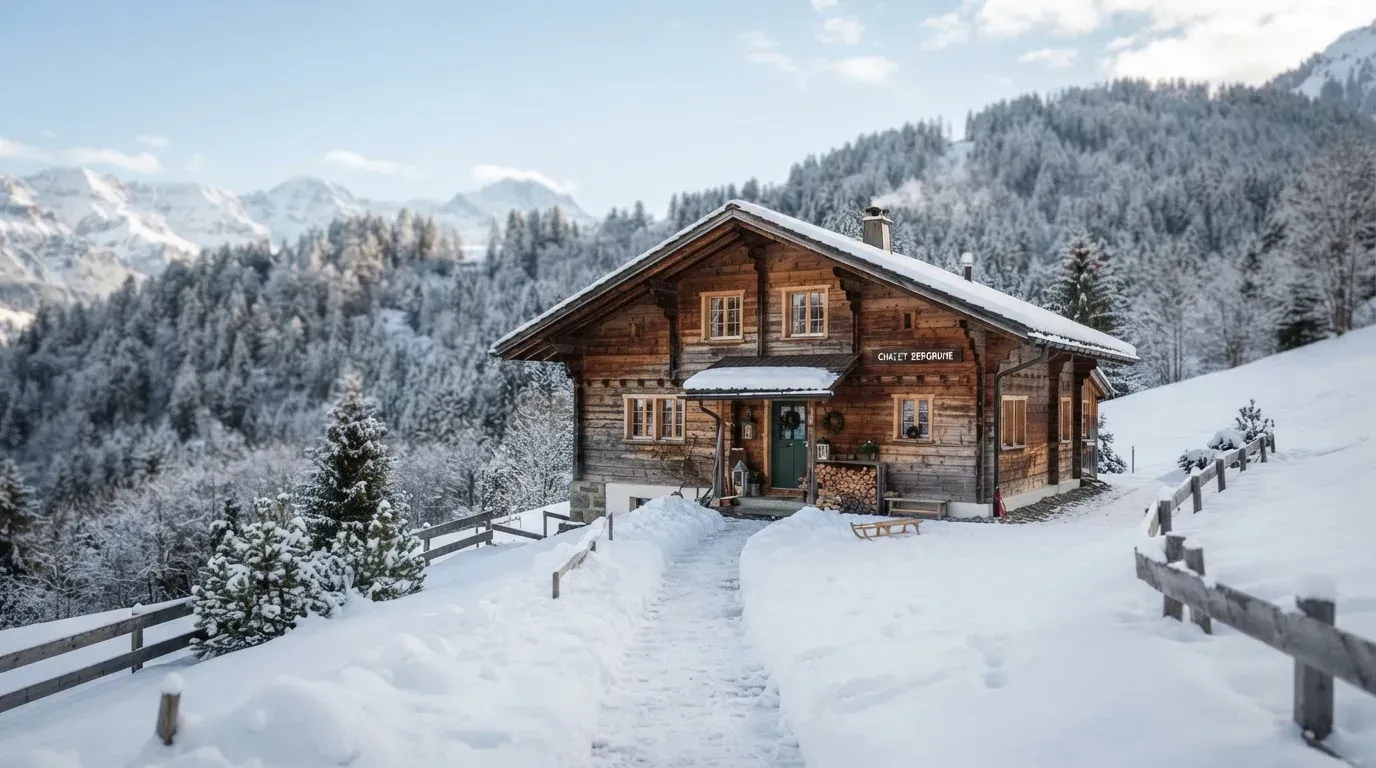 Ein Holzchalet mit Schnee auf dem Dach im klaren Sonnenlicht, davor ein geräumter Weg.