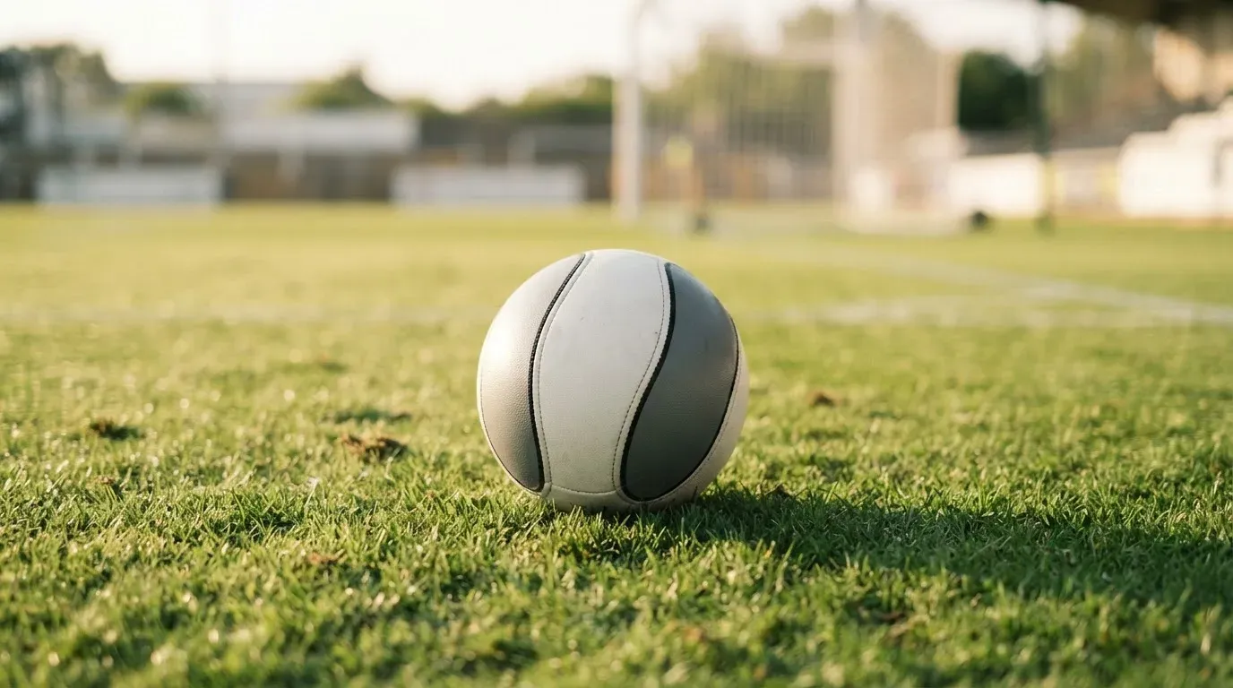 Ein Fussball auf dem Rasen aus niedriger Perspektive aufgenommen, die Torpfosten verschwimmen im Hintergrund.