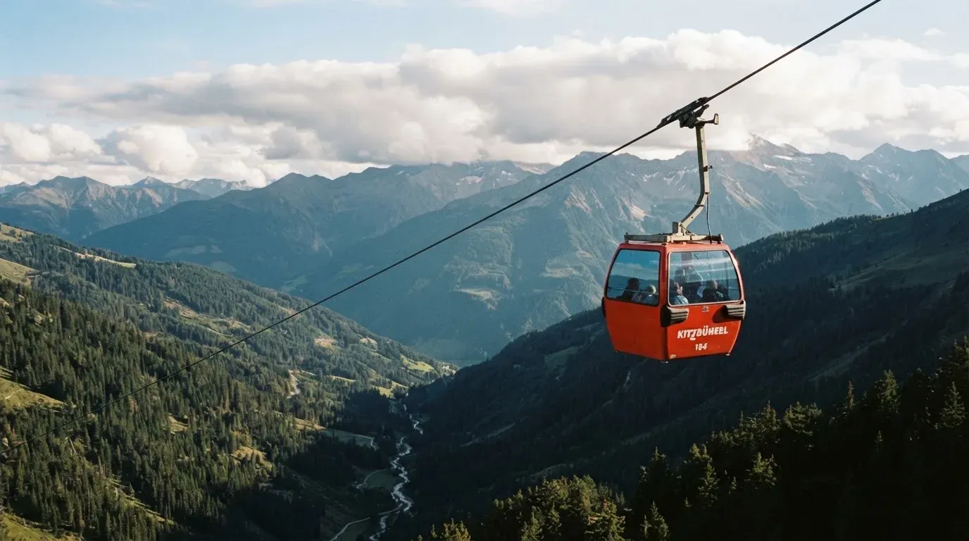 Eine Gondel einer Seilbahn schwebt über einem Tal mit Nadelwald, dahinter ziehen Wolken auf.