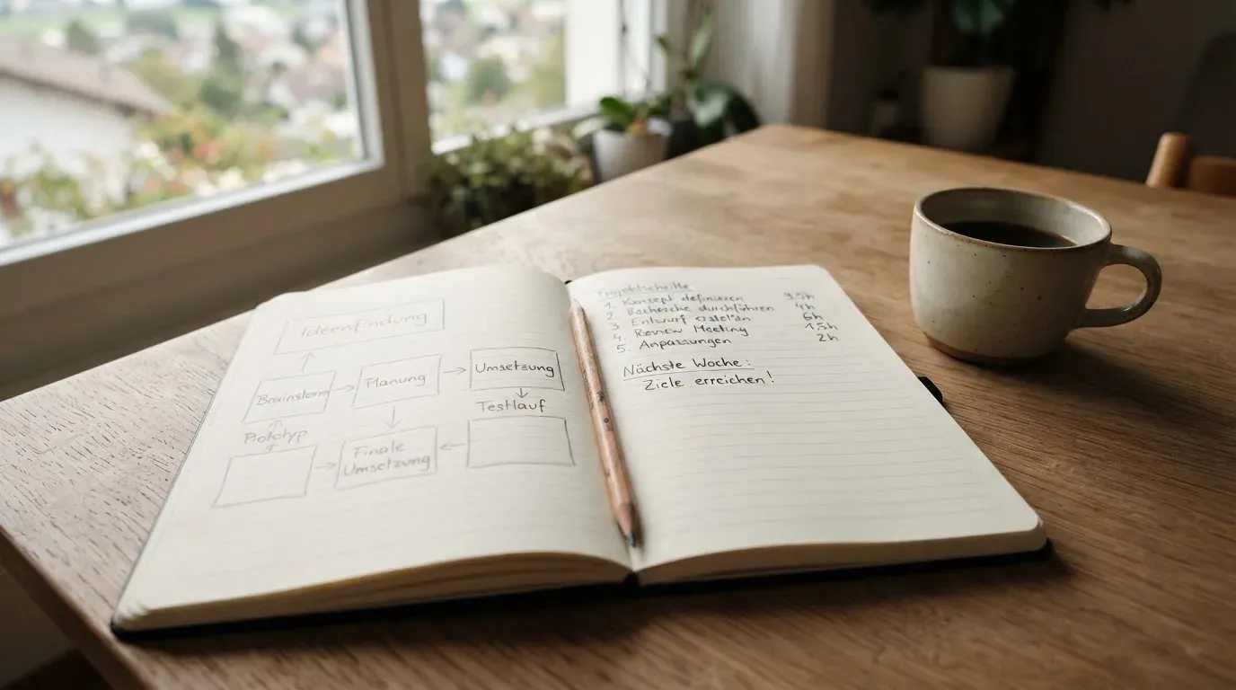 Ein aufgeschlagenes Notizbuch mit handschriftlichen Pfeilen und Kästchen liegt neben einer Kaffeetasse auf einem Schreibtisch am Fenster.