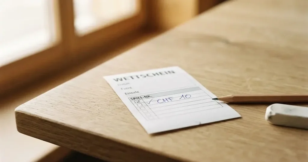 Ein leerer Wettschein aus Papier liegt neben einem Bleistift und einem Radiergummi auf einem hellen Holztisch im Tageslicht.