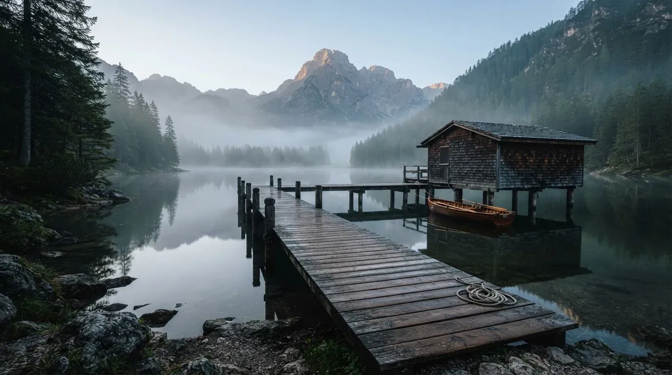 Ein Holzsteg führt über einen ruhigen Bergsee zu einem kleinen Bootshaus, über dem Wasser hängt Morgennebel.