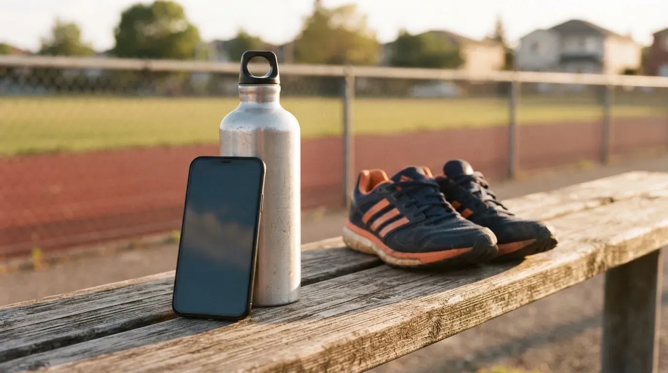 Ein Smartphone mit dunklem Bildschirm lehnt an einer Wasserflasche, daneben stehen Laufschuhe auf einer Bank am Sportplatz.