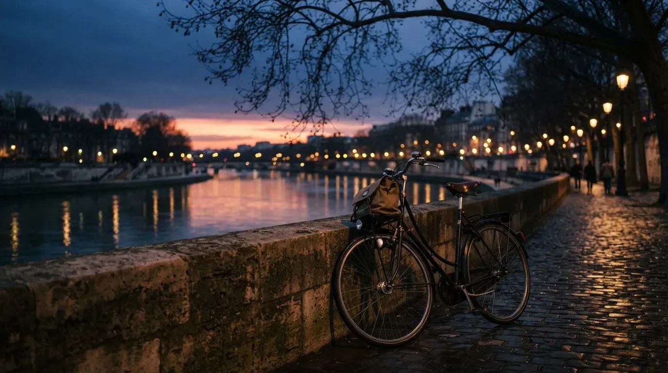 Ein Velo lehnt an einer Steinmauer am Ufer eines Flusses, die Strassenlaternen leuchten in der Dämmerung.