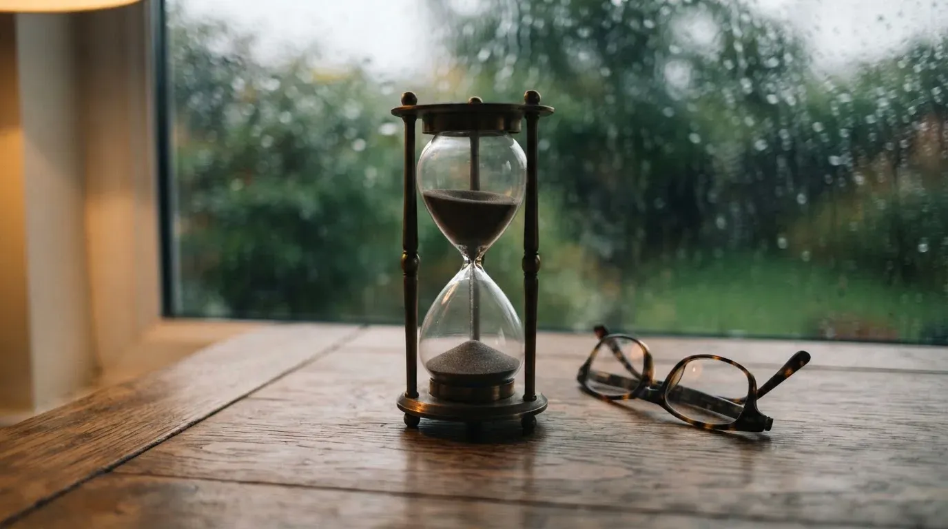 Eine Sanduhr steht auf einem Holztisch neben einer Brille, hinter dem Fenster laufen Regentropfen über das Glas.